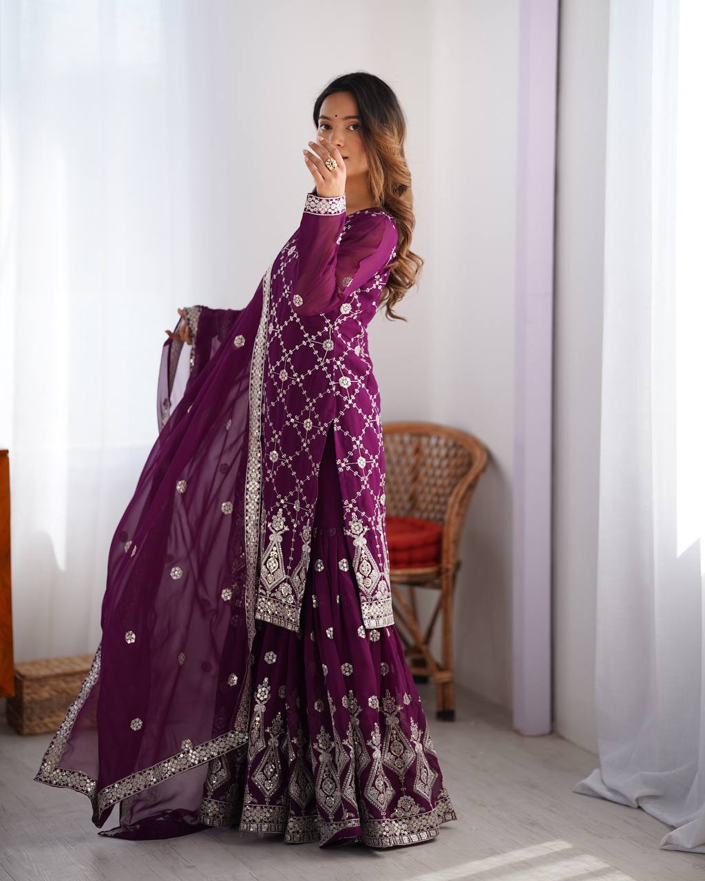 Premium Faux Georgette Front and Back Sequin Embroidered Suit with Plazzo and Dupatta - Jaipuri Vastra