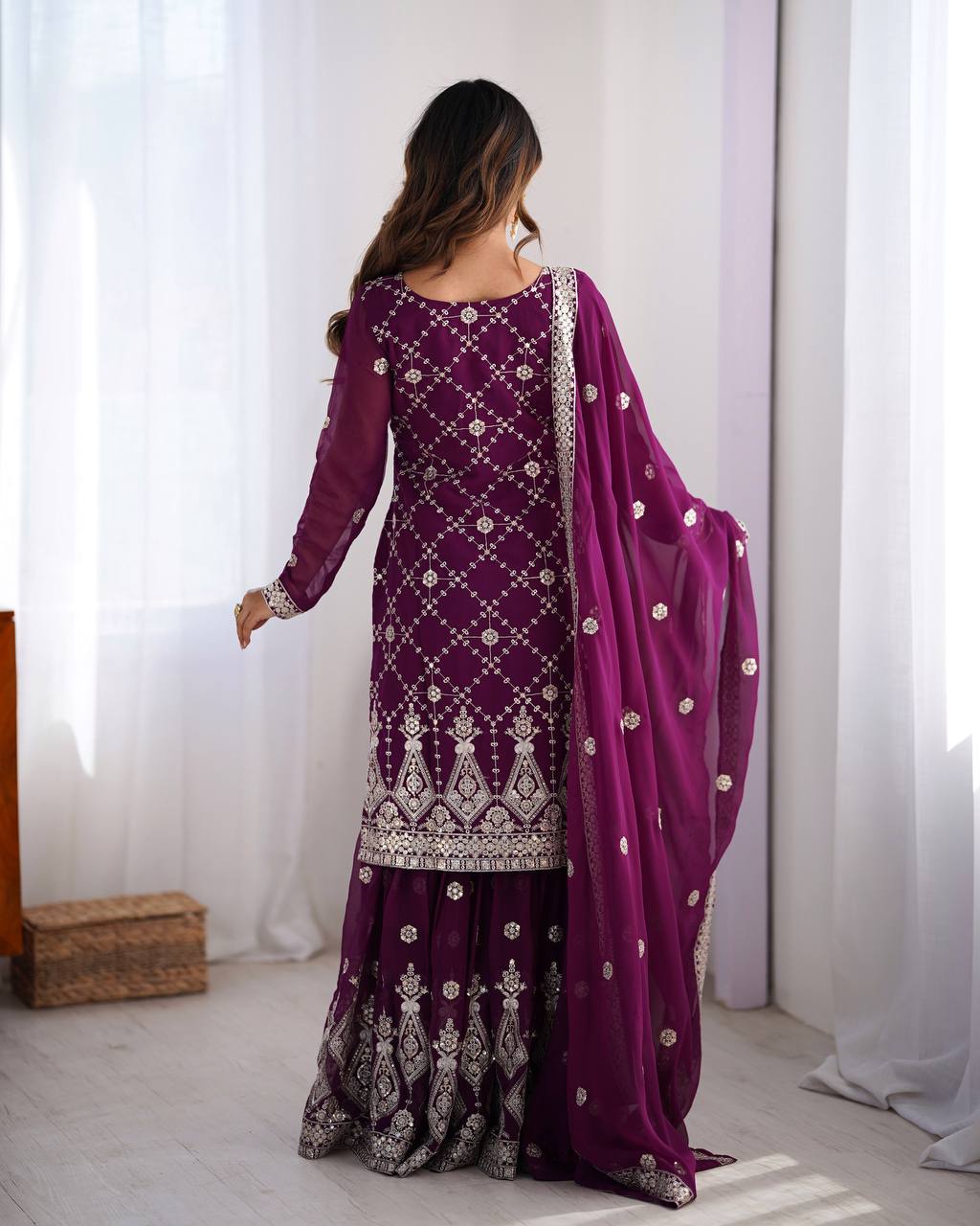 Premium Faux Georgette Front and Back Sequin Embroidered Suit with Plazzo and Dupatta - Jaipuri Vastra