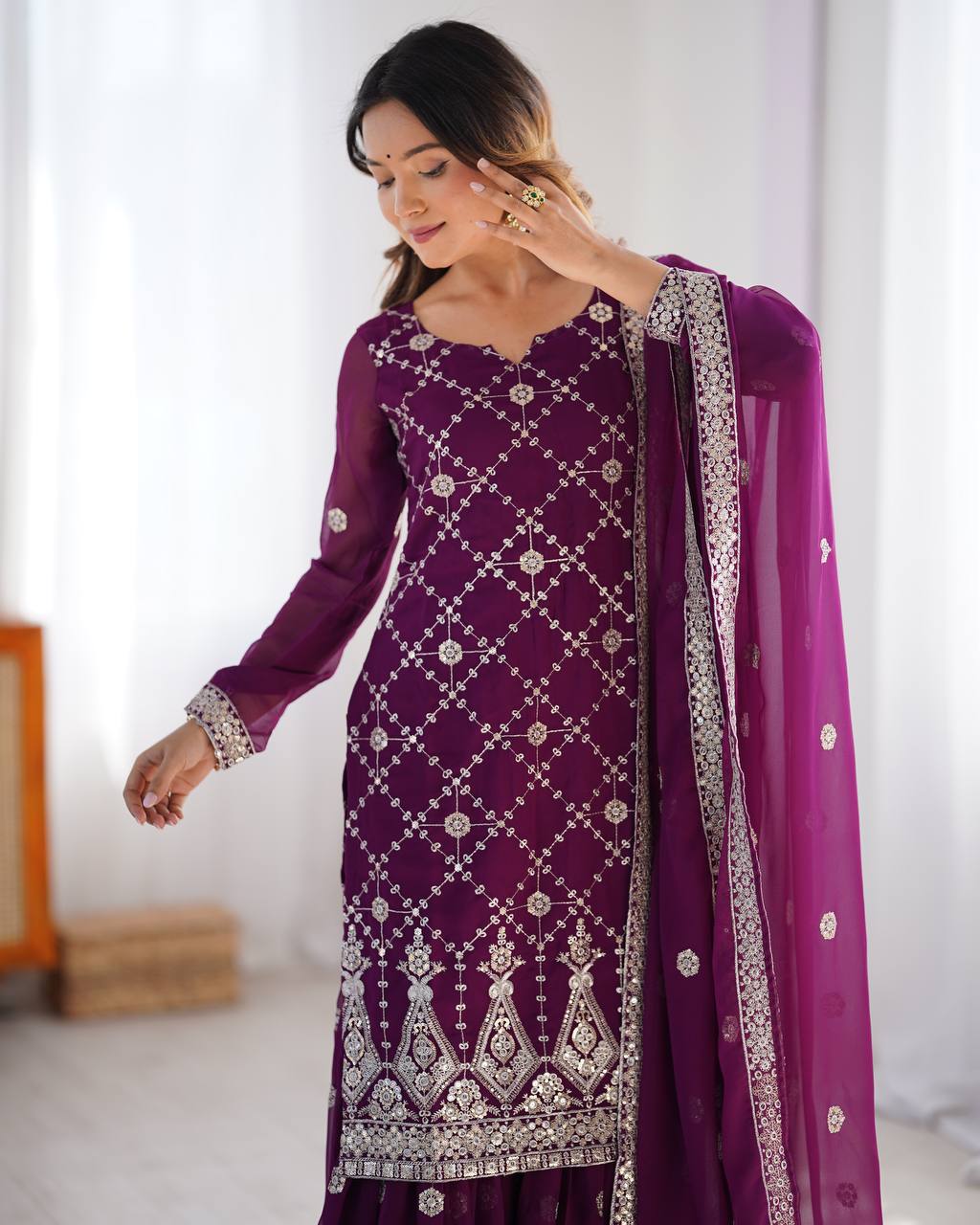 Premium Faux Georgette Front and Back Sequin Embroidered Suit with Plazzo and Dupatta - Jaipuri Vastra