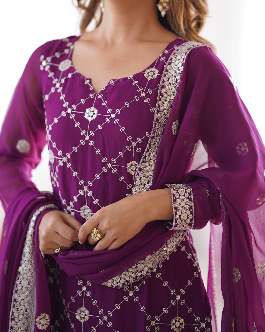 Premium Faux Georgette Front and Back Sequin Embroidered Suit with Plazzo and Dupatta - Jaipuri Vastra