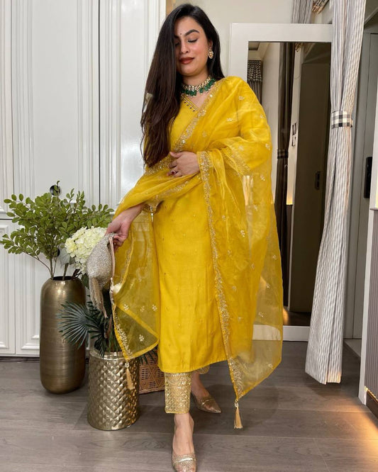 Designer Roman Silk Ensemble with Mirror Work and Embroidered Organza Dupatta