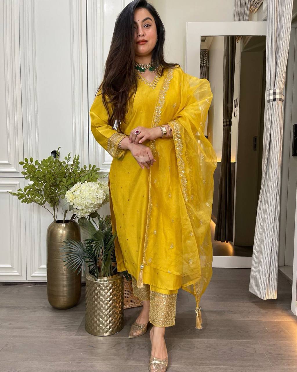 Designer Roman Silk Ensemble with Mirror Work and Embroidered Organza Dupatta