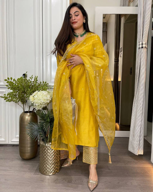 Designer Roman Silk Ensemble with Mirror Work and Embroidered Organza Dupatta