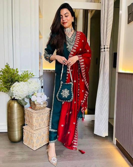 Festival Wear Chinnon Silk Top Bottom Dupatta Set with Heavy Embroidery Sequence Work Fully Stitched - Jaipuri Vastra