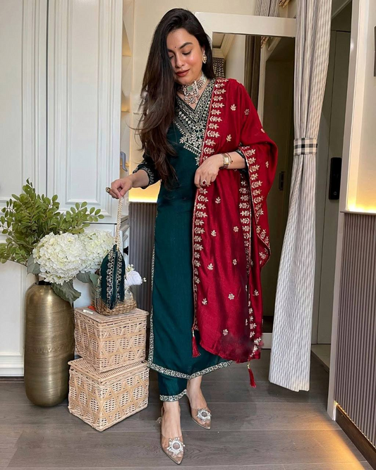 Festival Wear Chinnon Silk Top Bottom Dupatta Set with Heavy Embroidery Sequence Work Fully Stitched - Jaipuri Vastra