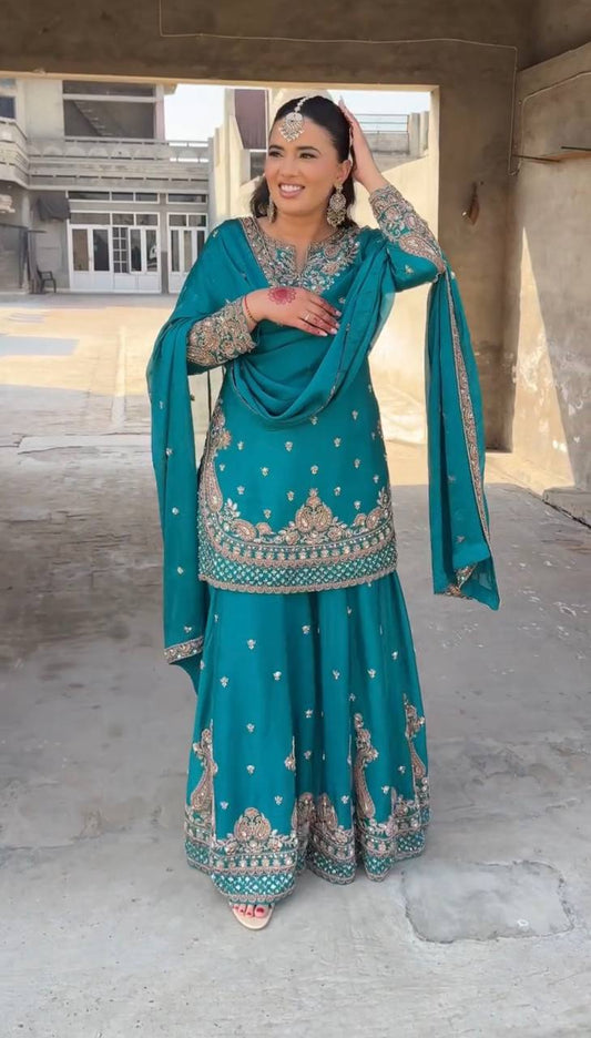 Heavy Embroidered Chinnon Silk Party Wear Top Plazzo with Dupatta - Jaipuri Vastra