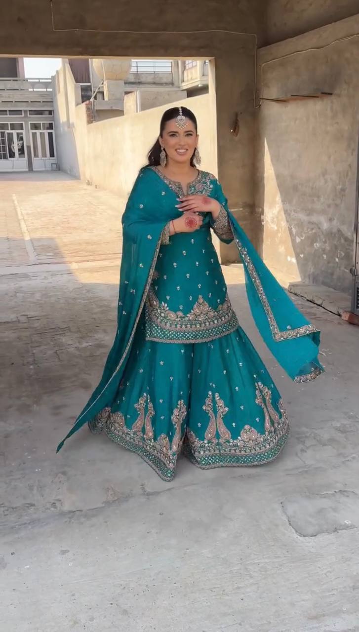 Heavy Embroidered Chinnon Silk Party Wear Top Plazzo with Dupatta - Jaipuri Vastra