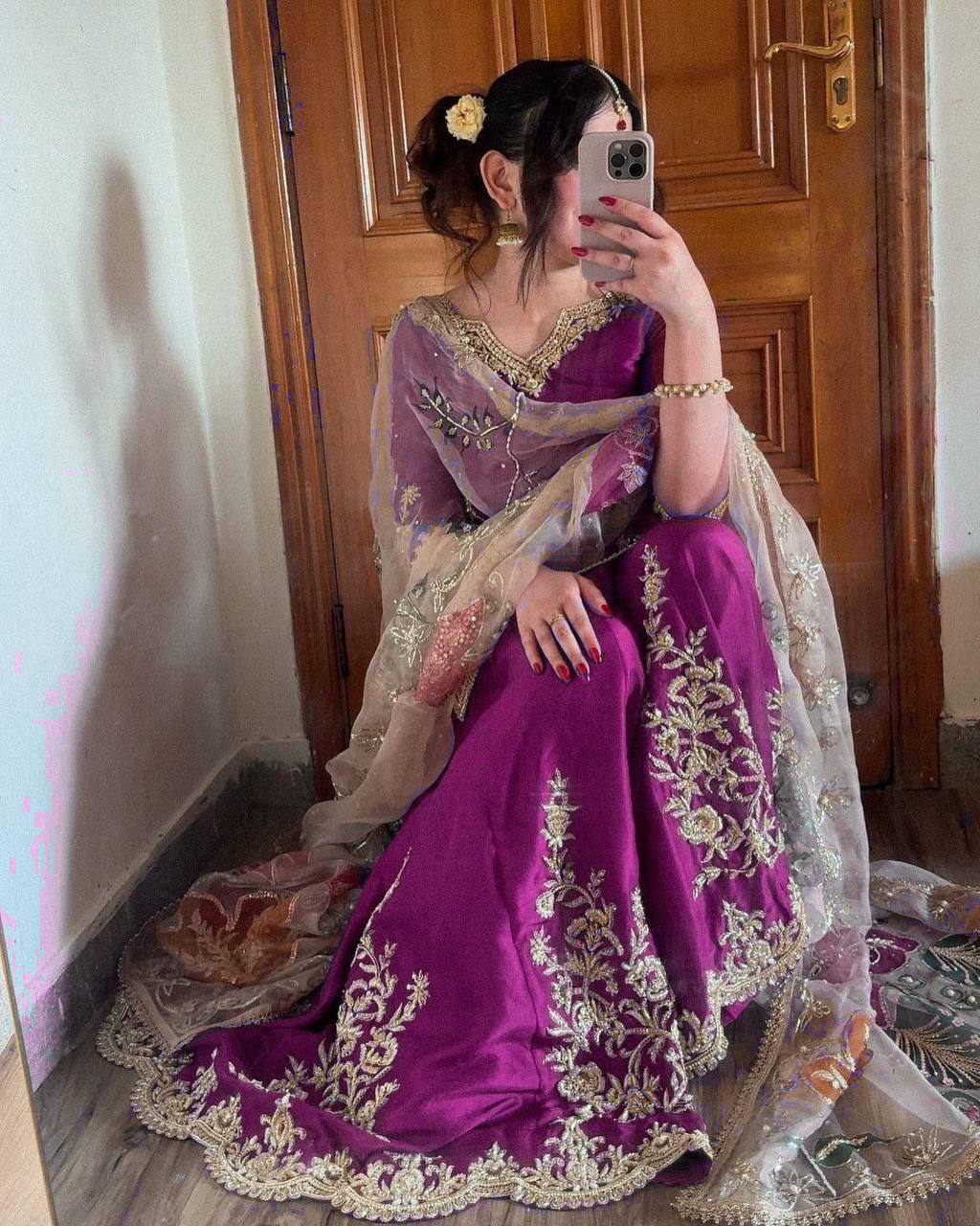 Premium Partywear Chinon Suit with Embroidered Gharara and Lace Organza Dupatta