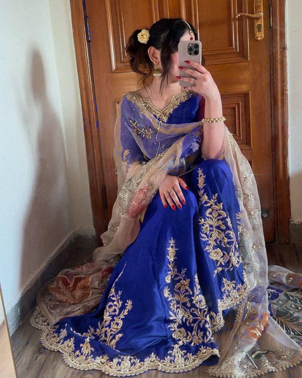 Premium Partywear Chinon Suit with Embroidered Gharara and Lace Organza Dupatta