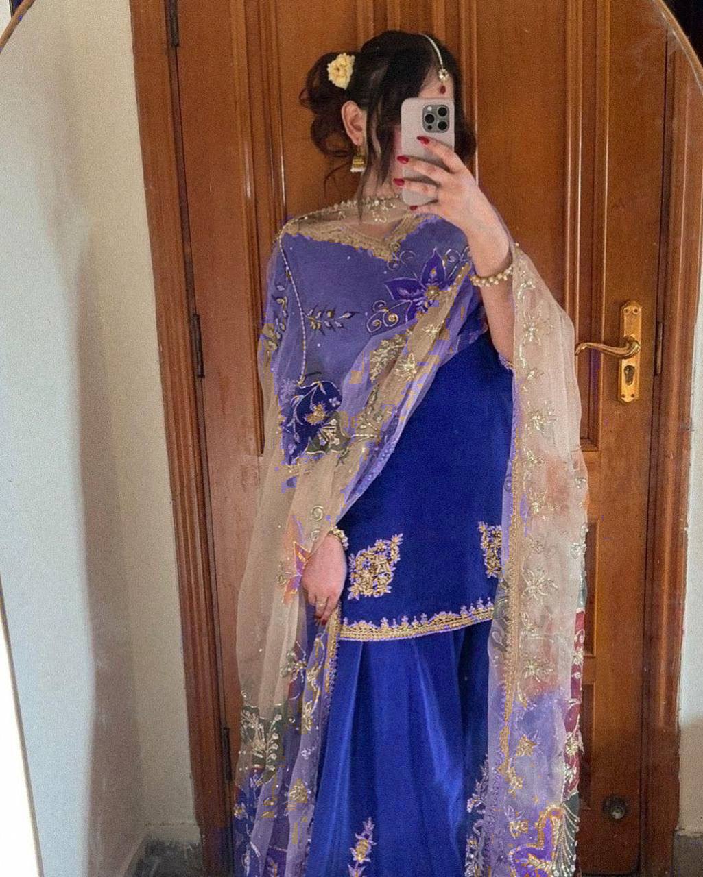 Premium Partywear Chinon Suit with Embroidered Gharara and Lace Organza Dupatta