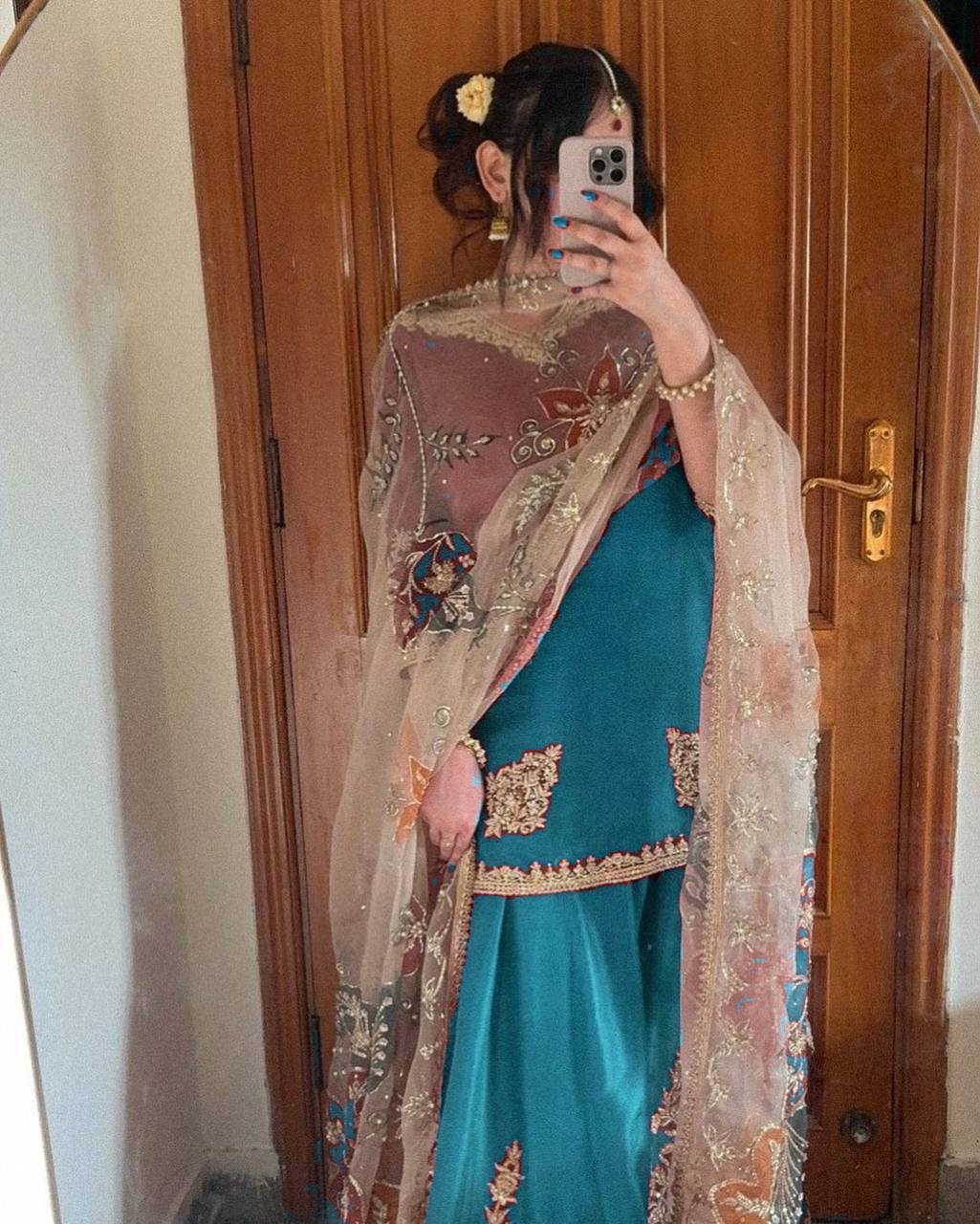 Premium Partywear Chinon Suit with Embroidered Gharara and Lace Organza Dupatta