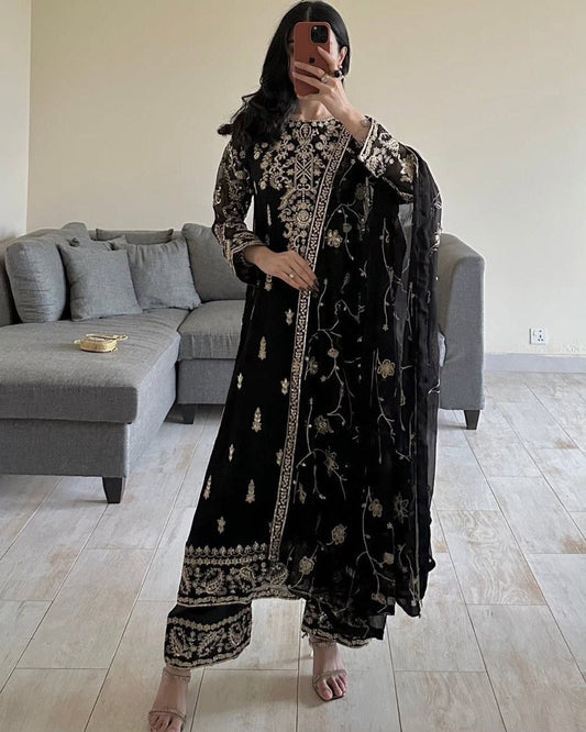 Luxe Noir Edition Faux Georgette Ensemble with Straight Pants and Draped Dupatta - Jaipuri Vastra