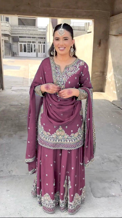 Heavy Embroidered Chinnon Silk Party Wear Top Plazzo with Dupatta - Jaipuri Vastra