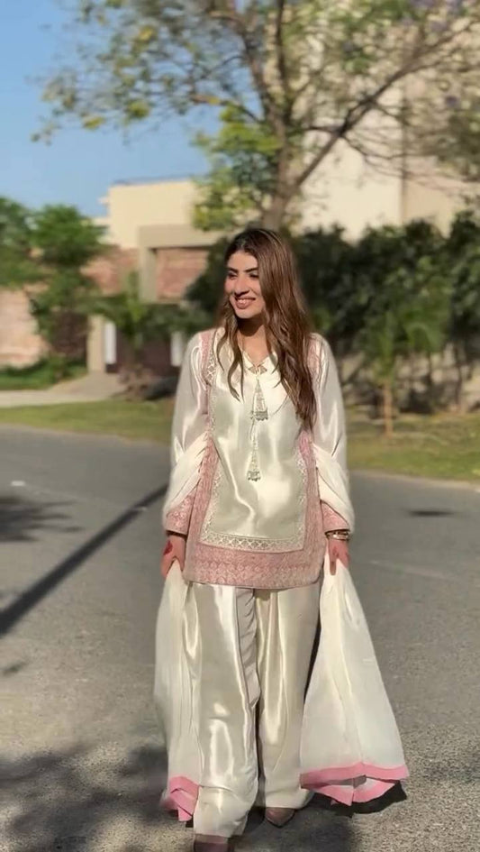 Trending Party Wear Kurta & Farshi Salwar Set in Roman Silk with Pearl Tassel Detailing