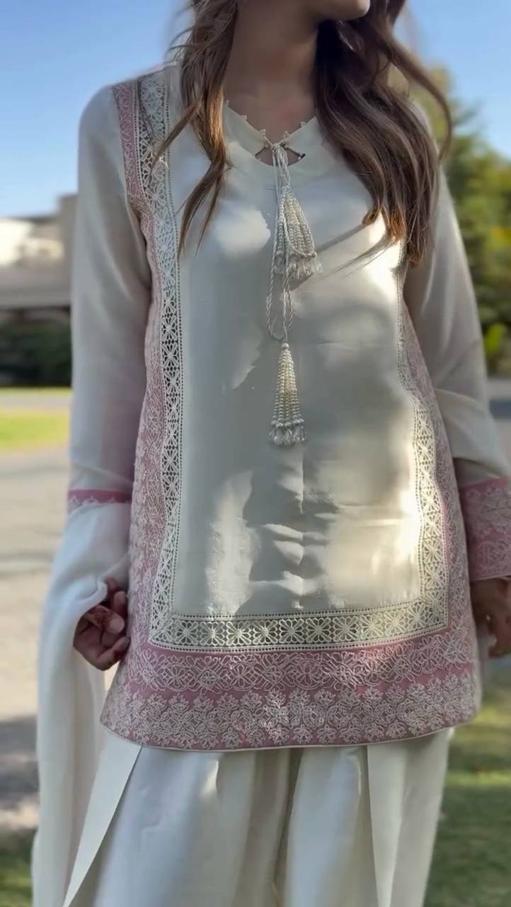 Trending Party Wear Kurta & Farshi Salwar Set in Roman Silk with Pearl Tassel Detailing