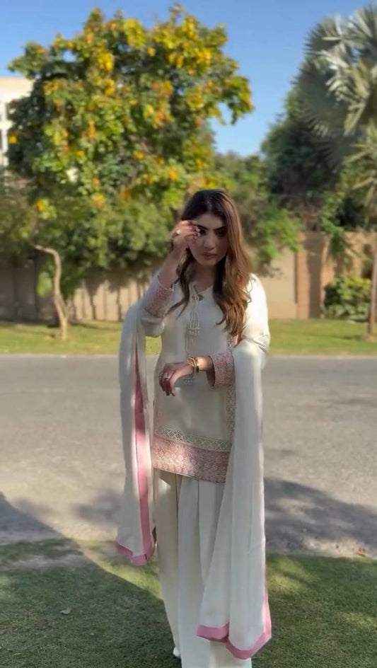 Trending Party Wear Kurta & Farshi Salwar Set in Roman Silk with Pearl Tassel Detailing
