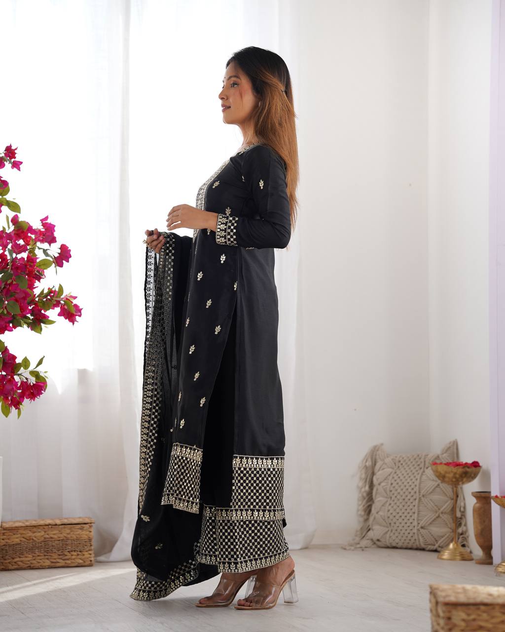 Designer Embroidered Chinon Silk Kurta with Zari and Sequence Work, Paired with Trousers and Dupatta - Jaipuri Vastra