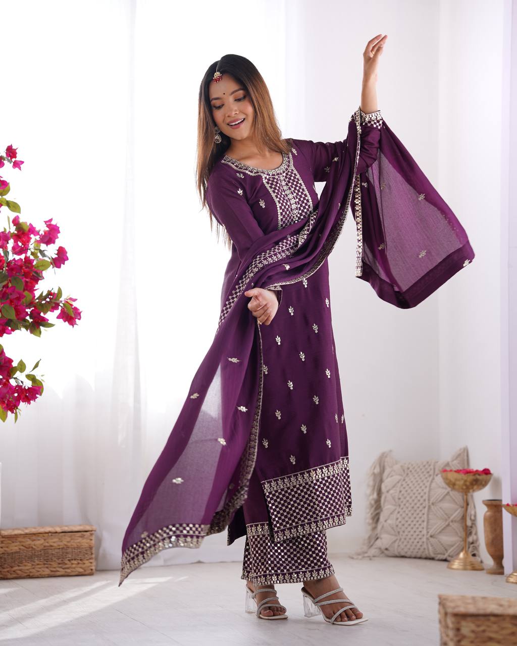 Designer Embroidered Chinon Silk Kurta with Zari and Sequence Work, Paired with Trousers and Dupatta - Jaipuri Vastra
