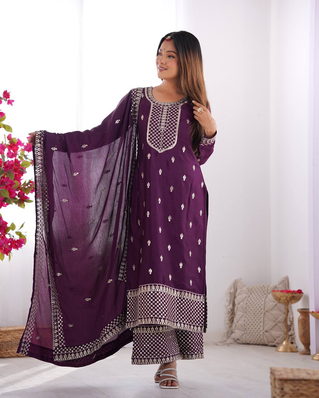Designer Embroidered Chinon Silk Kurta with Zari and Sequence Work, Paired with Trousers and Dupatta - Jaipuri Vastra