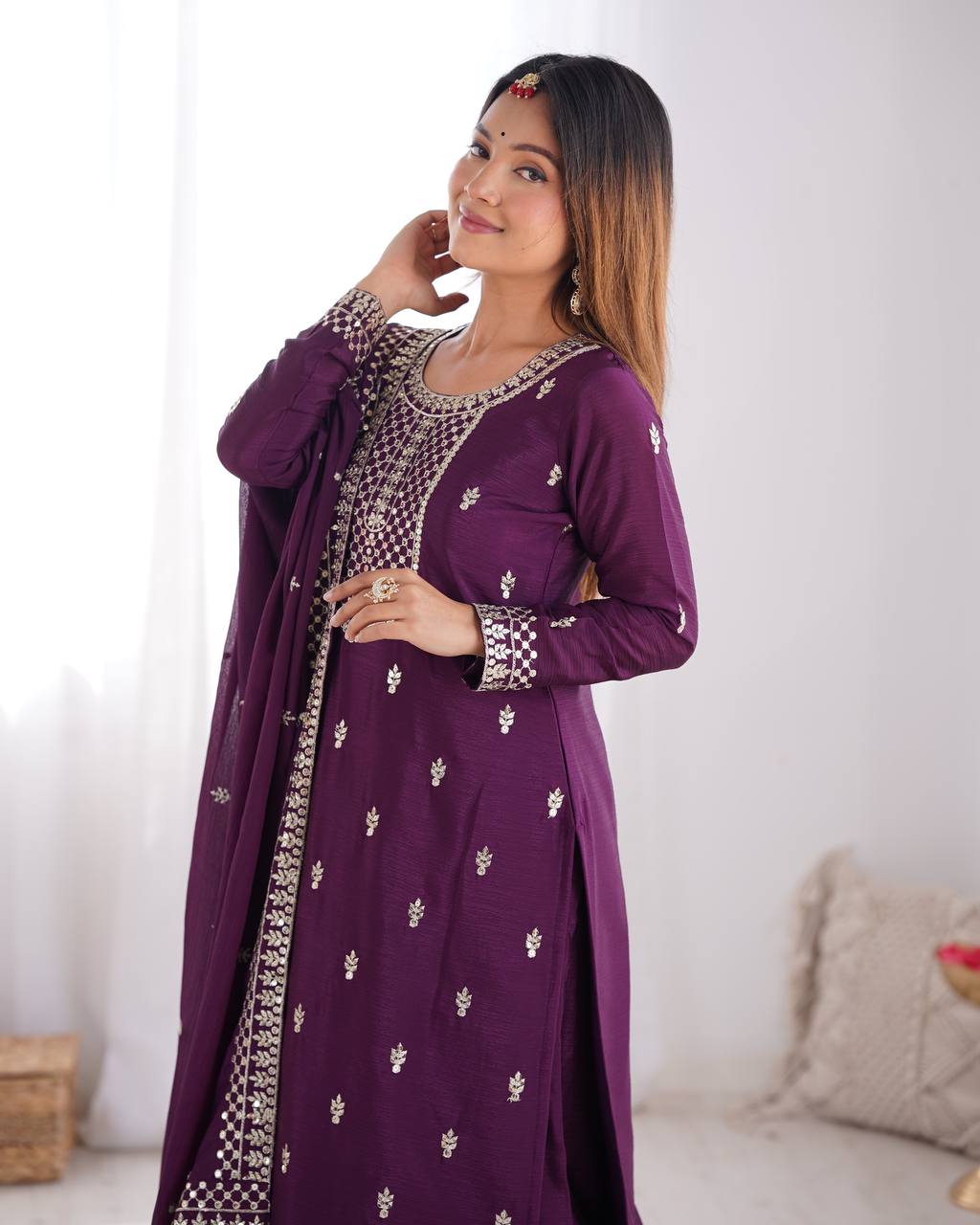 Designer Embroidered Chinon Silk Kurta with Zari and Sequence Work, Paired with Trousers and Dupatta - Jaipuri Vastra