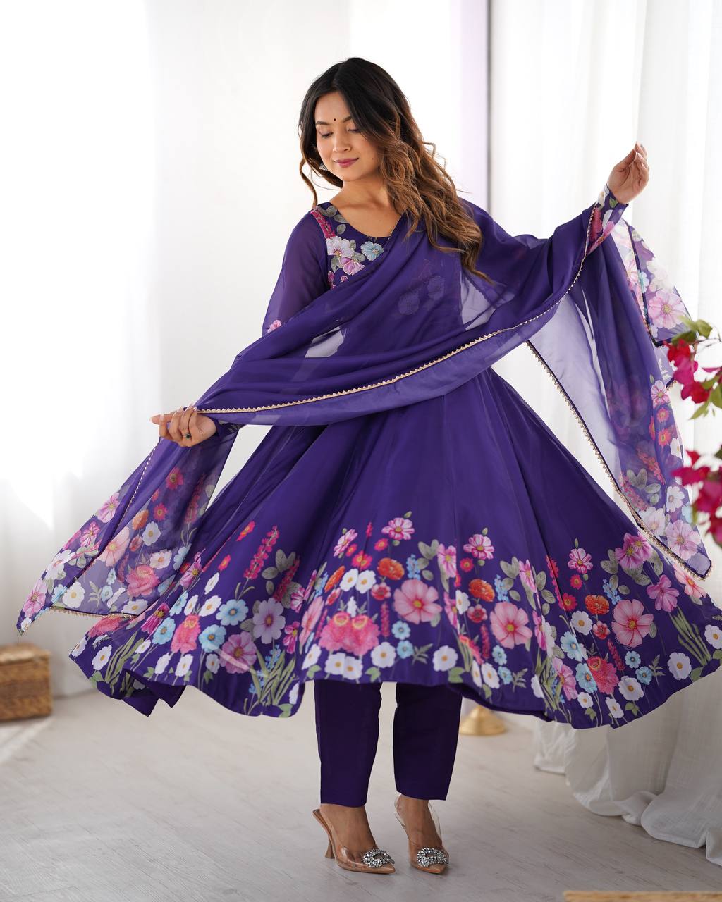 Designer Organza Silk Anarkali with Hand Embroidered Flower Work and Zipper Finish - Jaipuri Vastra