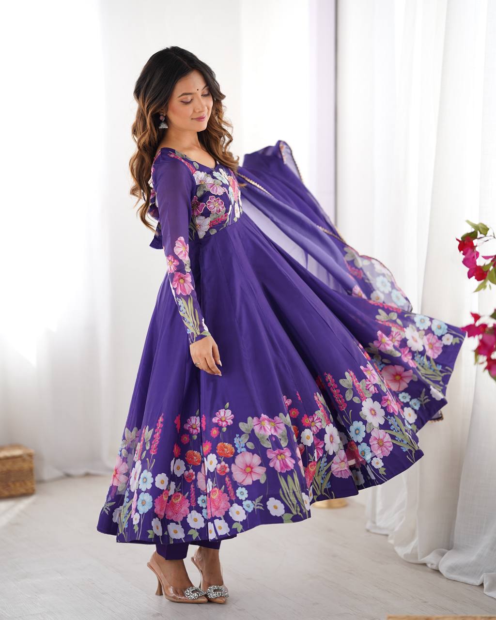 Designer Organza Silk Anarkali with Hand Embroidered Flower Work and Zipper Finish - Jaipuri Vastra