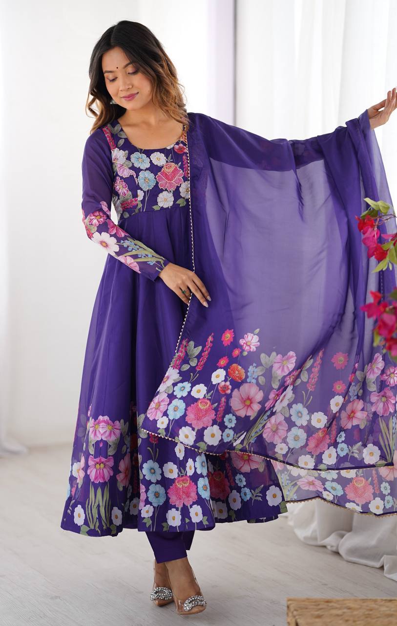 Designer Organza Silk Anarkali with Hand Embroidered Flower Work and Zipper Finish - Jaipuri Vastra