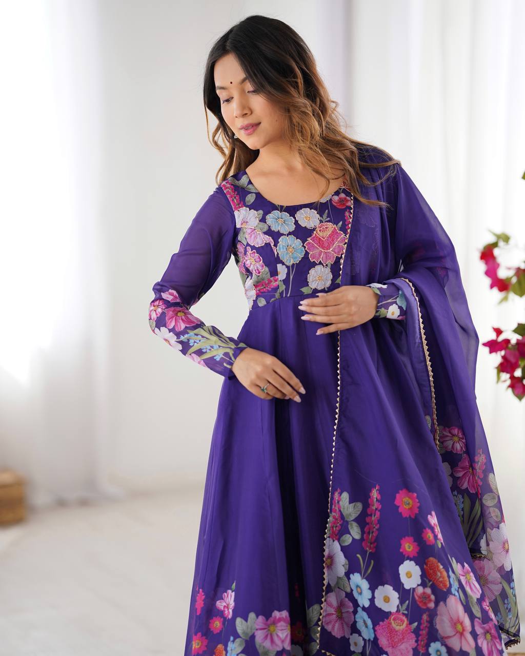 Designer Organza Silk Anarkali with Hand Embroidered Flower Work and Zipper Finish - Jaipuri Vastra