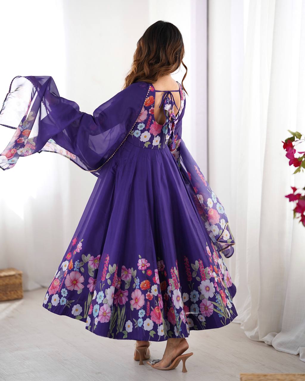Designer Organza Silk Anarkali with Hand Embroidered Flower Work and Zipper Finish - Jaipuri Vastra