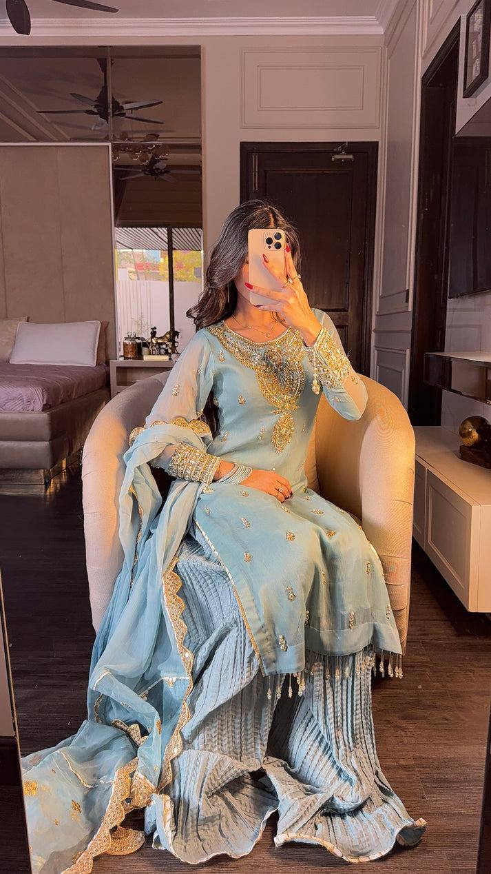 Designer Ready-to-Wear Faux Georgette Embroidered Set with Dupatta in Sky Blue - Jaipuri Vastra