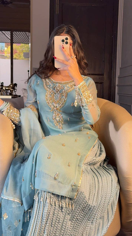 Designer Ready-to-Wear Faux Georgette Embroidered Set with Dupatta in Sky Blue - Jaipuri Vastra
