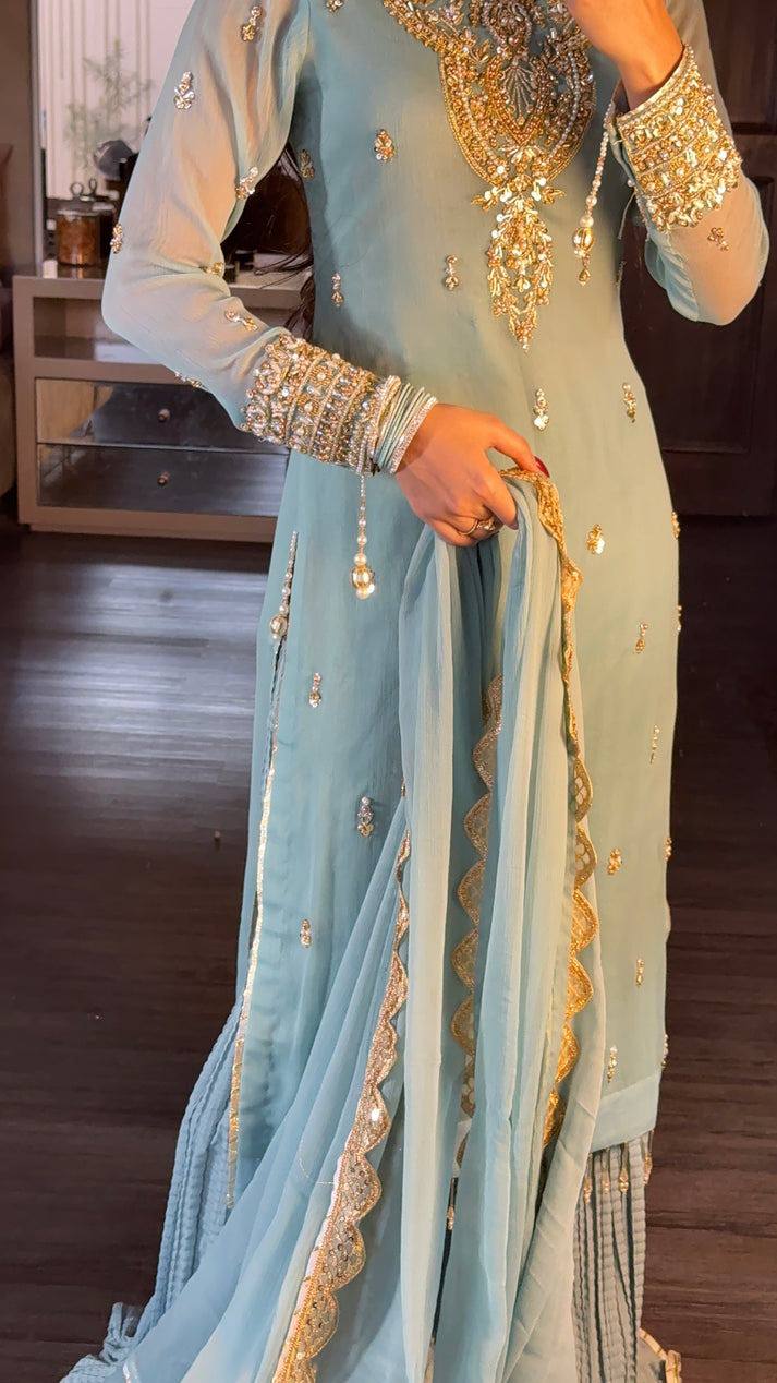 Designer Ready-to-Wear Faux Georgette Embroidered Set with Dupatta in Sky Blue - Jaipuri Vastra