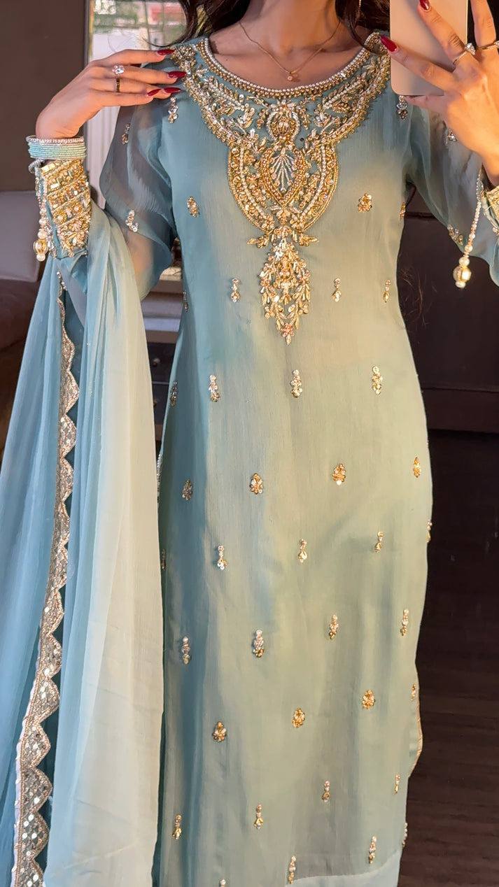 Designer Ready-to-Wear Faux Georgette Embroidered Set with Dupatta in Sky Blue - Jaipuri Vastra