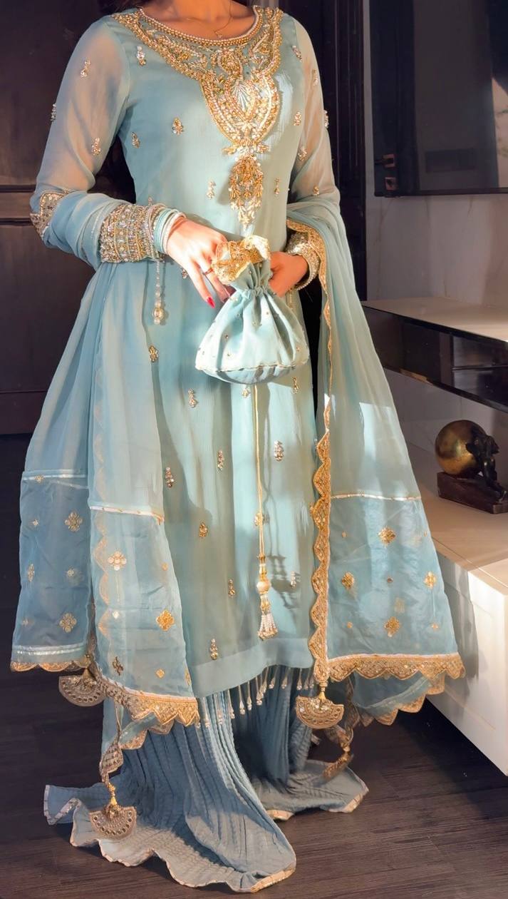 Designer Ready-to-Wear Faux Georgette Embroidered Set with Dupatta in Sky Blue - Jaipuri Vastra