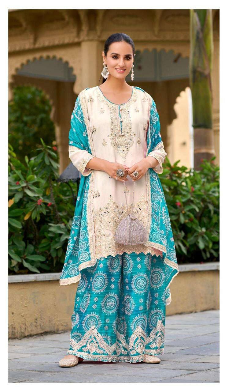 Festive Heavy Chinon Sharara Suit Set Featuring Real Mirror Hand Work and Embroidery Detailing - Jaipuri Vastra