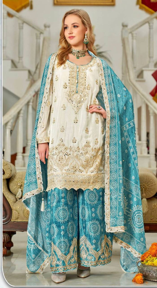 Festive Heavy Chinon Sharara Suit Set Featuring Real Mirror Hand Work and Embroidery Detailing - Jaipuri Vastra