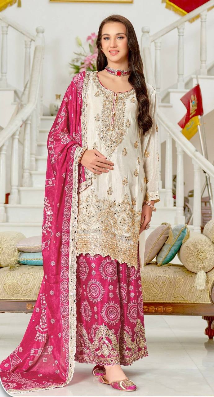 Festive Heavy Chinon Sharara Suit Set Featuring Real Mirror Hand Work and Embroidery Detailing - Jaipuri Vastra