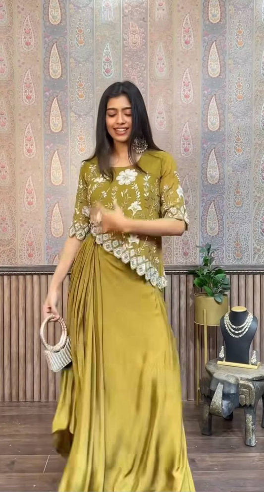 Moss Green Chinon Indo-Western Draped Dhoti with Embroidered Up & Down Top