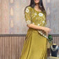 Moss Green Chinon Indo-Western Draped Dhoti with Embroidered Up & Down Top