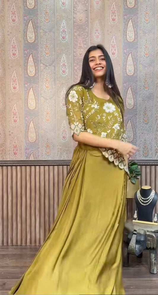 Moss Green Chinon Indo-Western Draped Dhoti with Embroidered Up & Down Top