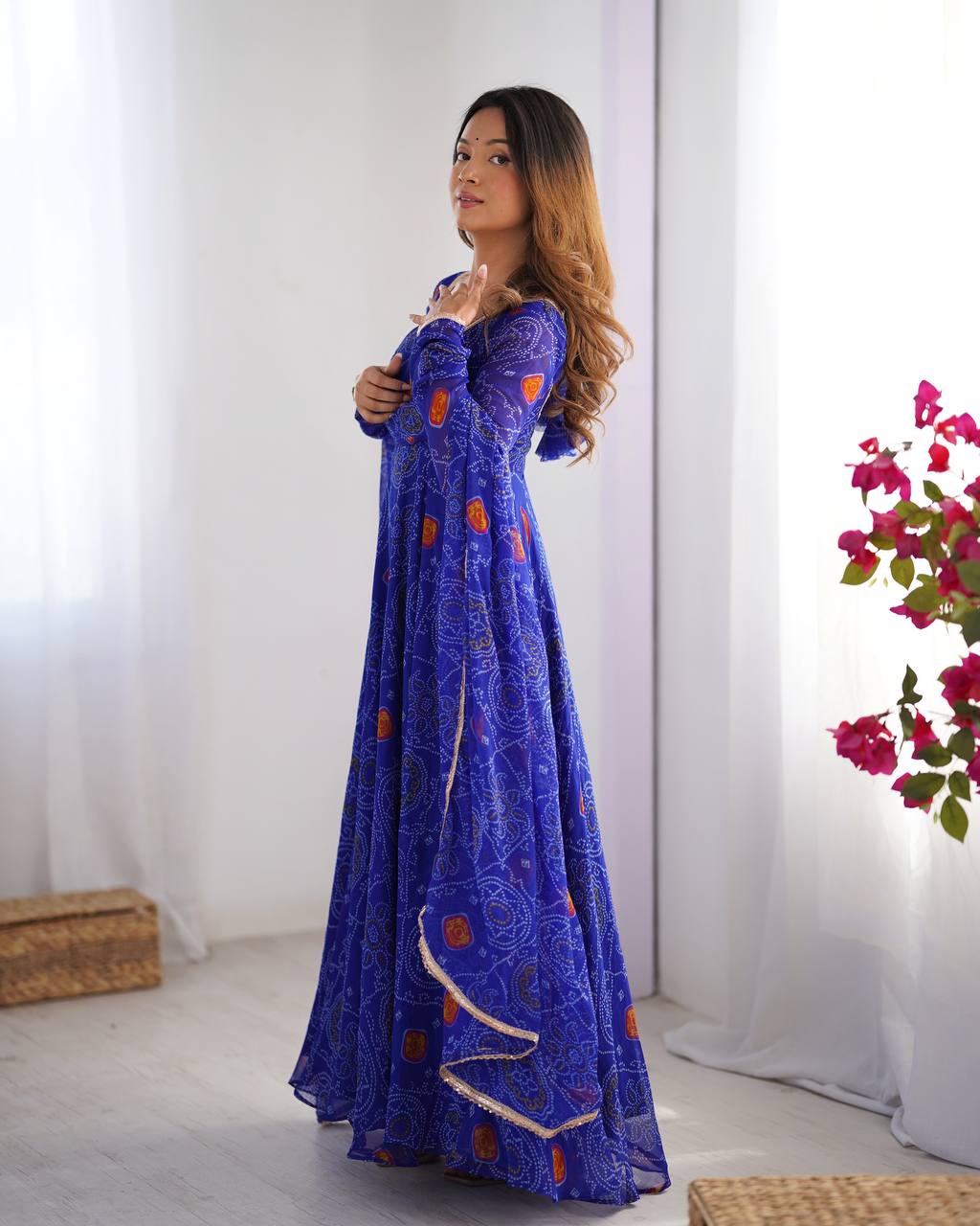 New Designer Bandhej Chiffon Anarkali with Dupatta and Matching Bottoms - Jaipuri Vastra
