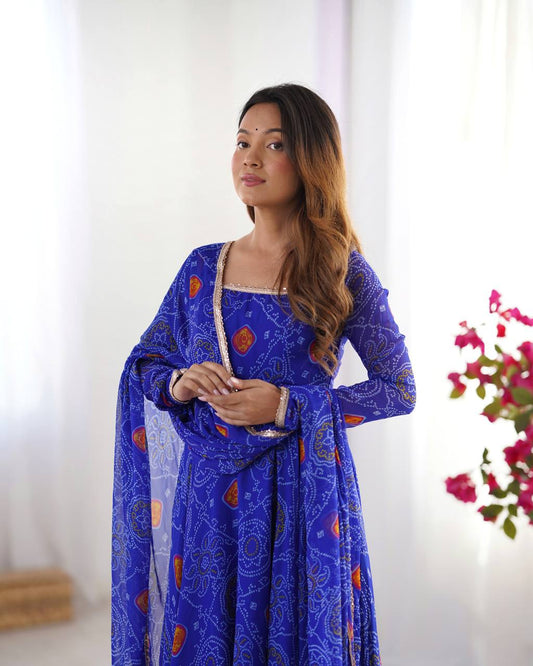 New Designer Bandhej Chiffon Anarkali with Dupatta and Matching Bottoms - Jaipuri Vastra