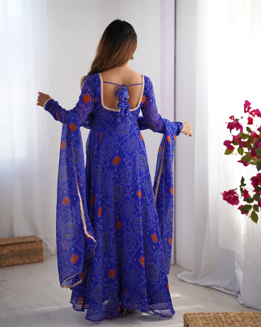 New Designer Bandhej Chiffon Anarkali with Dupatta and Matching Bottoms - Jaipuri Vastra