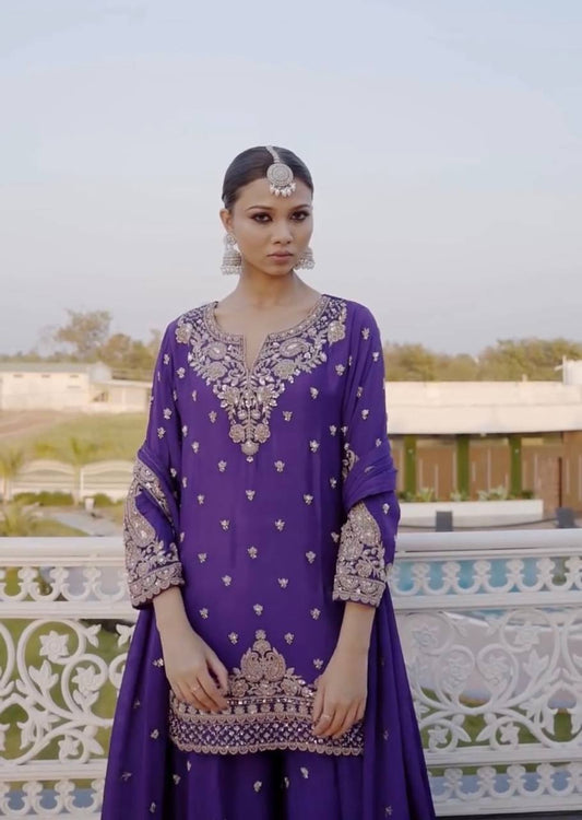 New Designer Party Wear Chinon Silk Top with Plazzo and Embroidered Fancy Dupatta