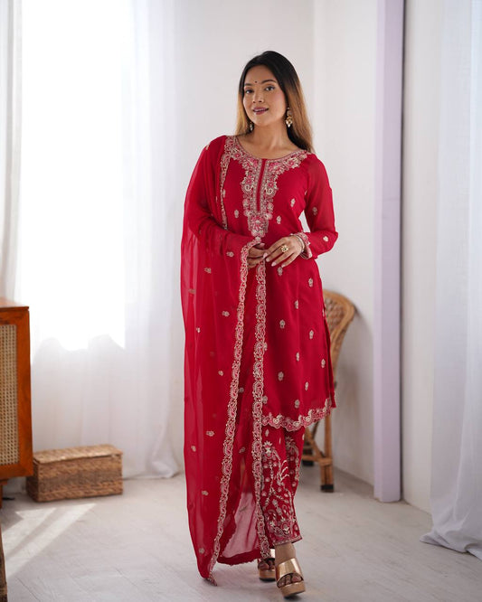 Elegant Faux Georgette Suit with All-Over Thread Embroidery and Matching Dupatta - Jaipuri Vastra