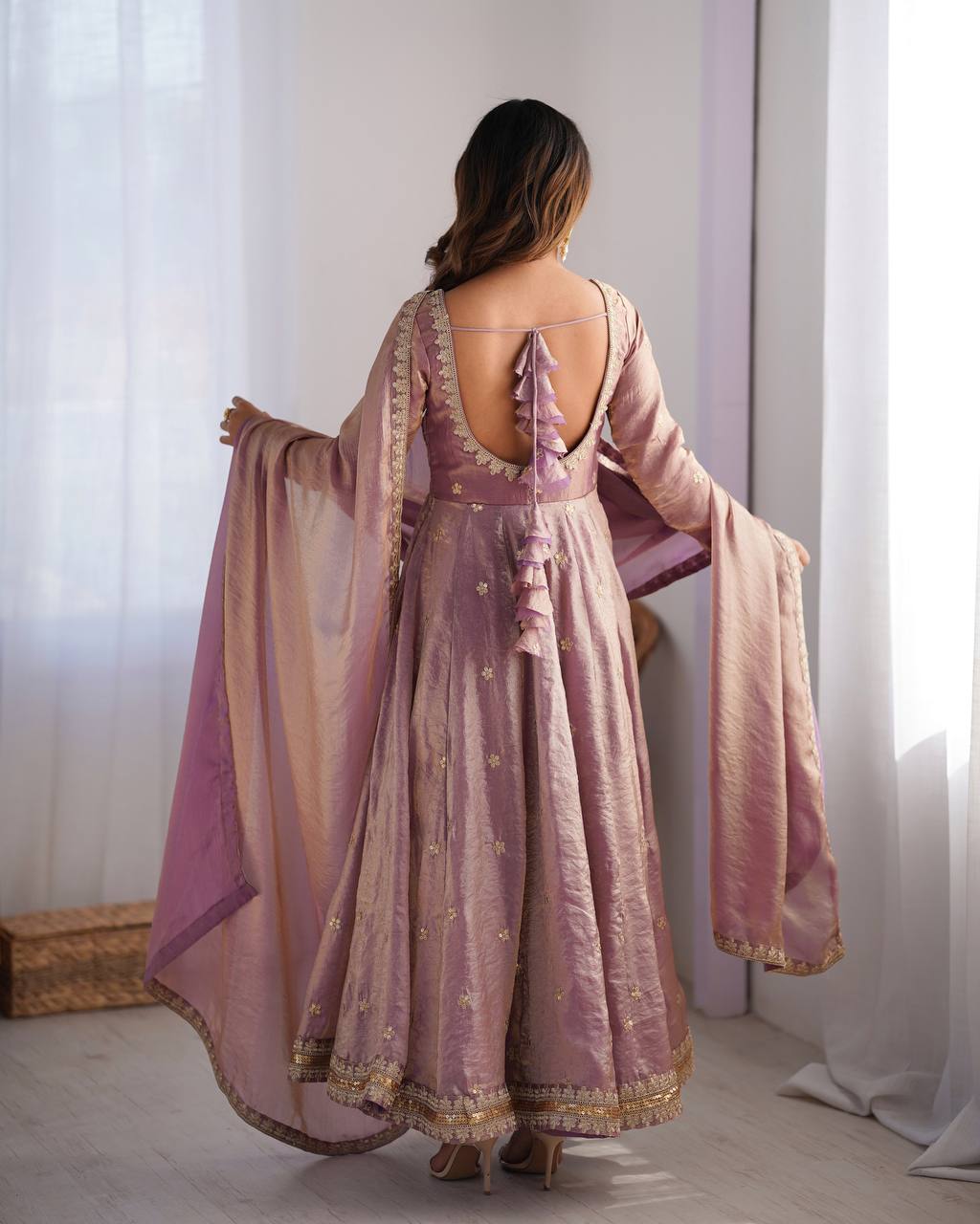 Elegant Fandy Silk Gown with Sequin Embroidery, Micro Pant and Matching Dupatta - Jaipuri Vastra