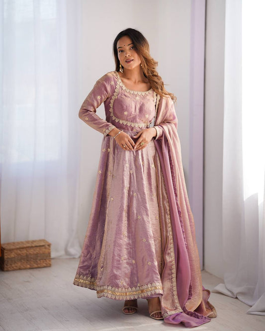 Elegant Fandy Silk Gown with Sequin Embroidery, Micro Pant and Matching Dupatta - Jaipuri Vastra