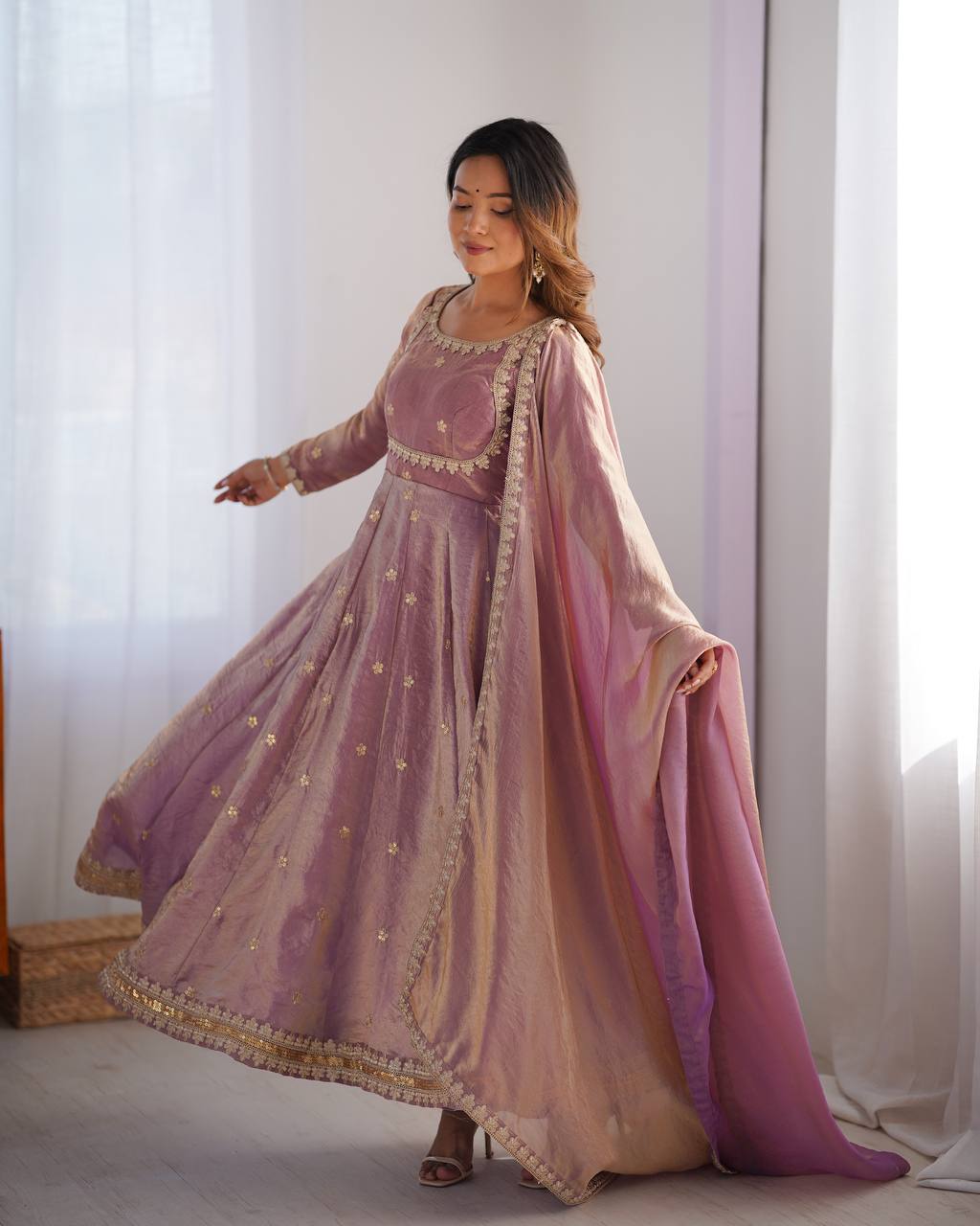 Elegant Fandy Silk Gown with Sequin Embroidery, Micro Pant and Matching Dupatta - Jaipuri Vastra