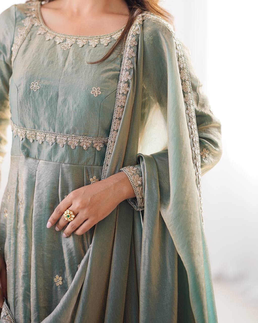 Elegant Fandy Silk Gown with Sequin Embroidery, Micro Pant and Matching Dupatta - Jaipuri Vastra