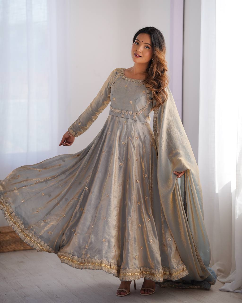 Elegant Fandy Silk Gown with Sequin Embroidery, Micro Pant and Matching Dupatta - Jaipuri Vastra